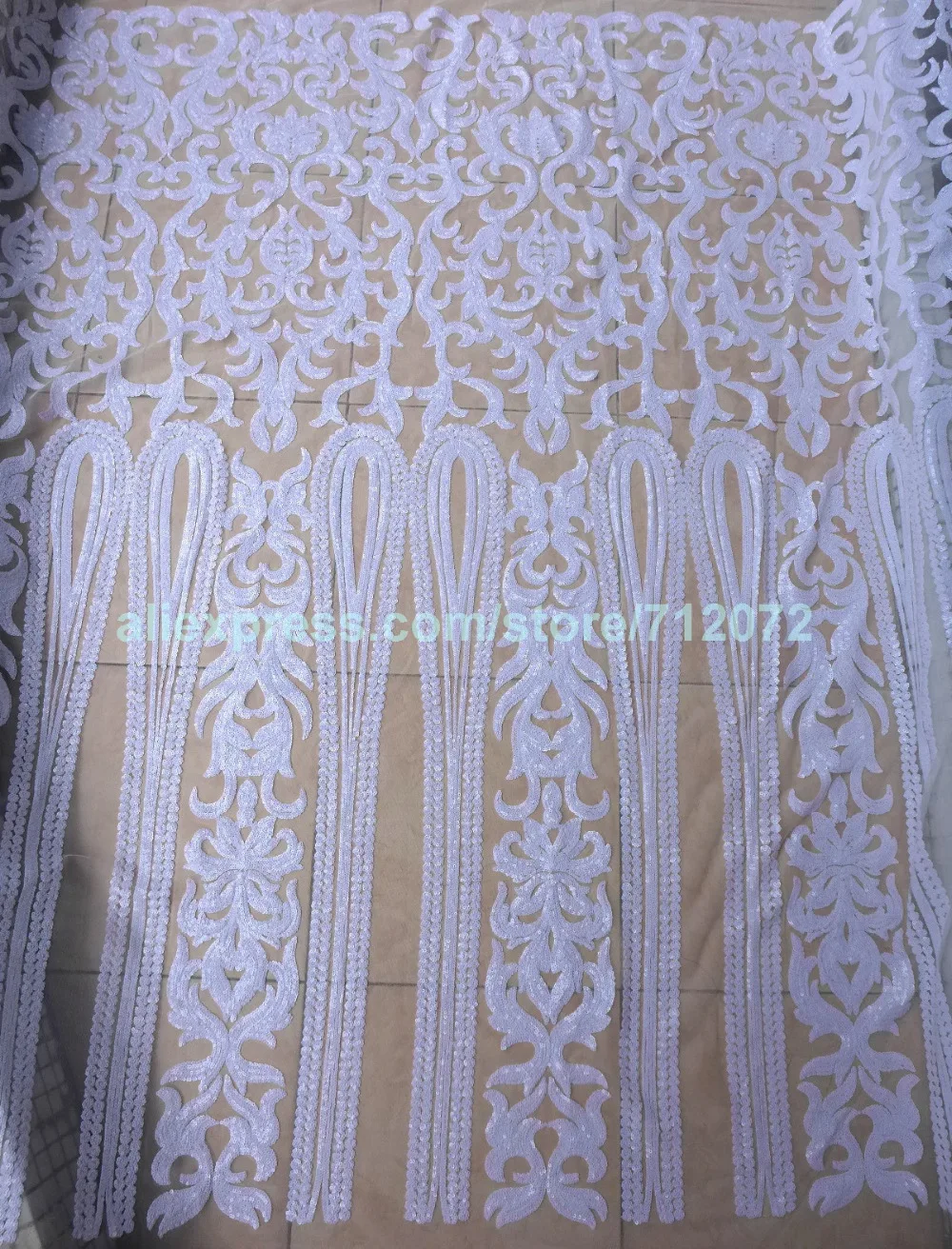 1 ярд стрейч модное шоу белые блестки на off-White сетка вышивка шоу/вечернее/свадебное/сценическое дамское платье ткань