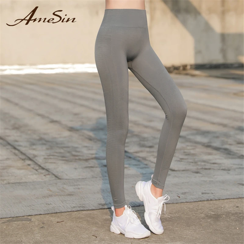 AmeSin серый Хип ап животик контроль Фитнес Одежда упражнения попа Леггинсы для