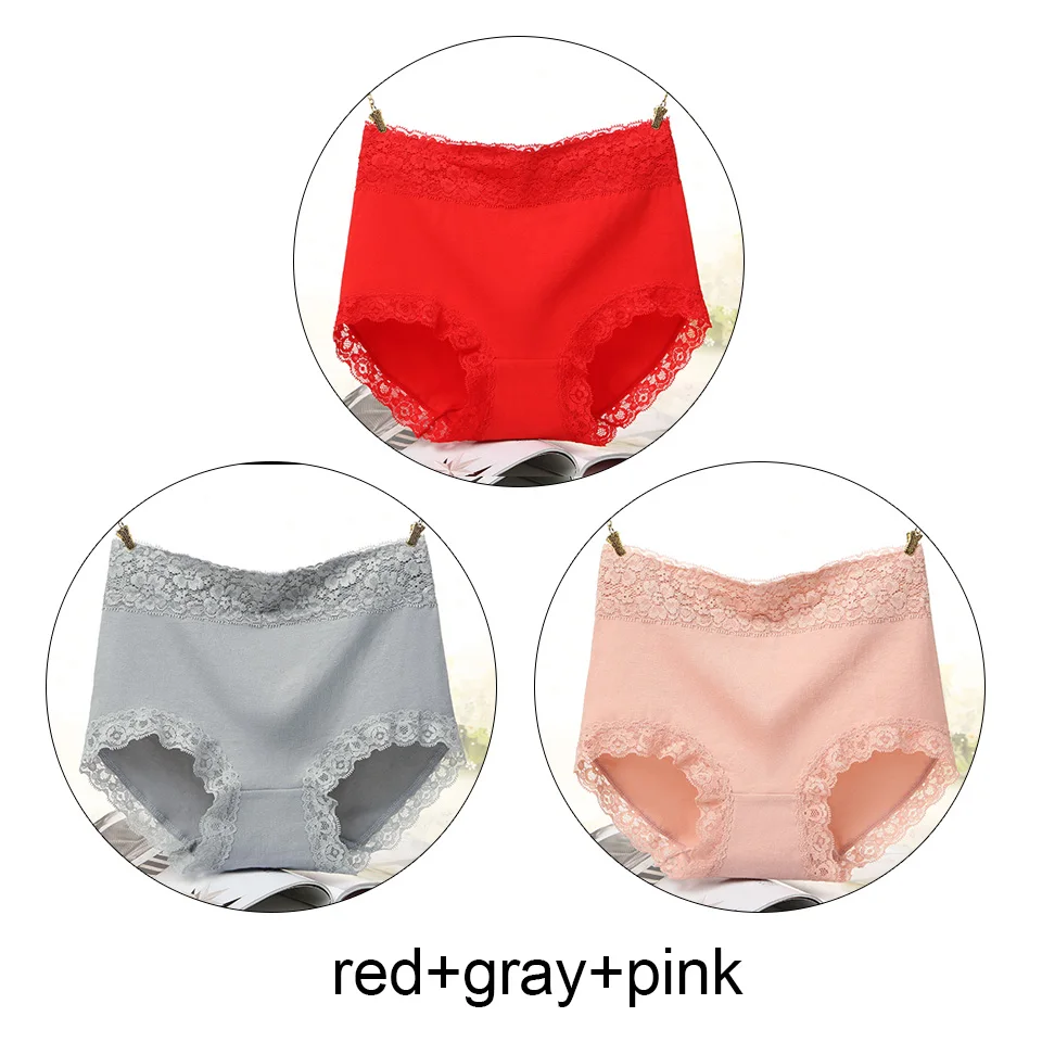 red gray pink 3 шт., Трусики с высокой талией, хлопковое нижнее белье для женщин, однотонные бесшовные трусы, кружевные сексуальные трусики, женское нижнее белье для зимы, новинка - Цвет: red gray pink