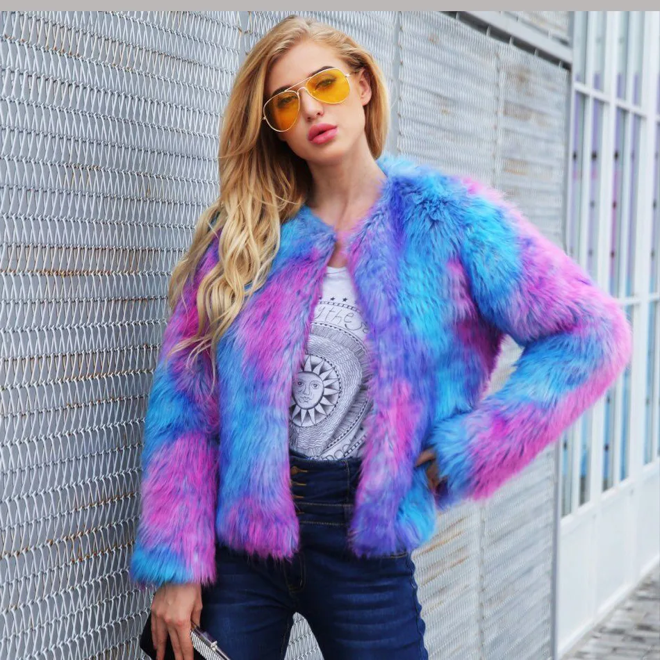 Blue Purple Mixing Faux Fur Coat Women Fluffy Warm Female Outerwear 2017 Winter Jacket Long Sleeve Hairy Overcoat F0009 | Женская одежда