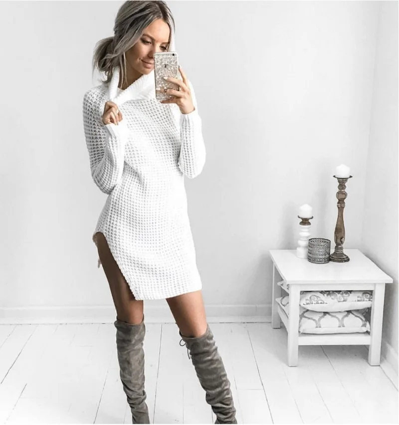 

2017 Chic Warm Turtleneck Long Sweater Winter Long Sleeve Pullover Sexy High Slit Loose Knitted Pullovers