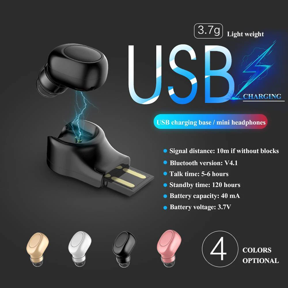 Мини беспроводные Bluetooth наушники в ухо 3D стерео супер бас зарядка через usb