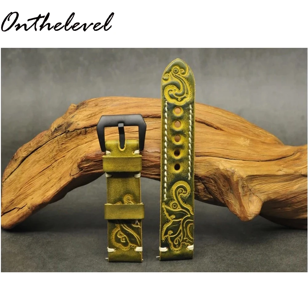Onthelevel Genuine Leather Watchbands Carved Watch Band Strap for Panerai Belt Stainless Steel Black Buckle 20 22 24mm 2023 New