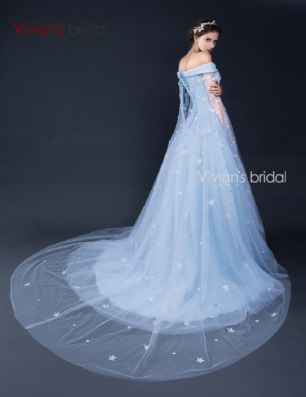 Vivian's Bridal синее свадебное платье 2016 Цветок без шнурка Кружева Тюль A Line
