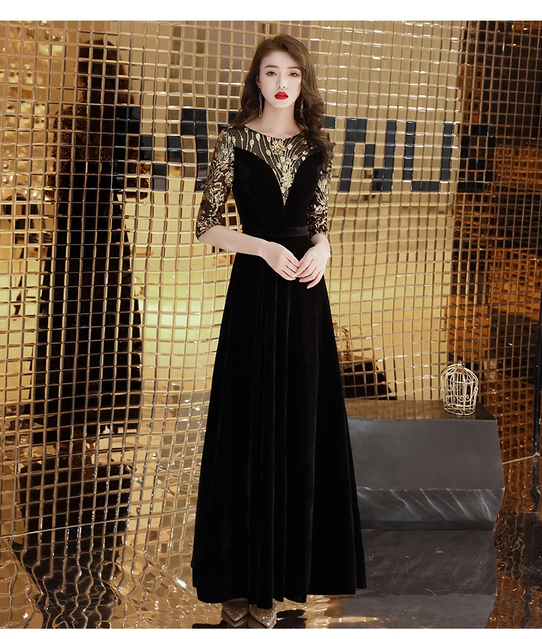 Robe de soiree черный велюр вечерние платья с круглым вырезом дизайн элегантное расшитое блестками длинное в пол бархатные вечерние платья LYFY93