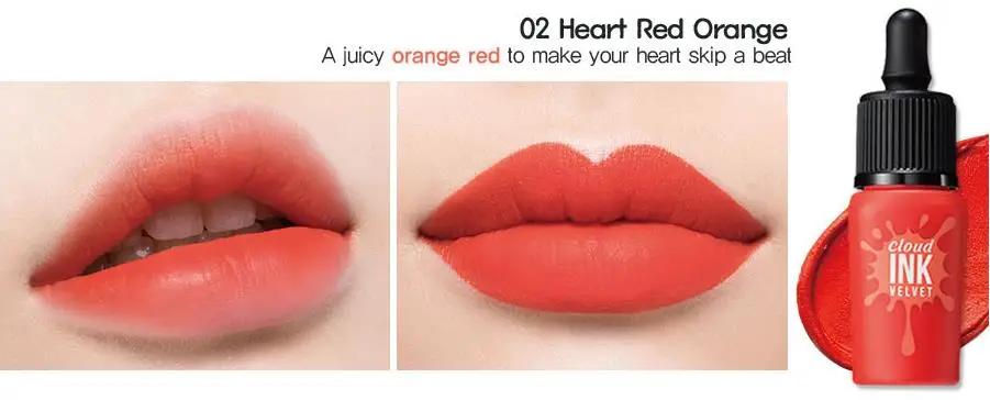 02 Heart Red Orange Матовая губная помада PERIPERA Cloud Ink Velvet, 8 г, стойкий водостойкий Матовый жидкий блеск для губ, макияж, корейская косметика - Цвет: 02 Heart Red Orange