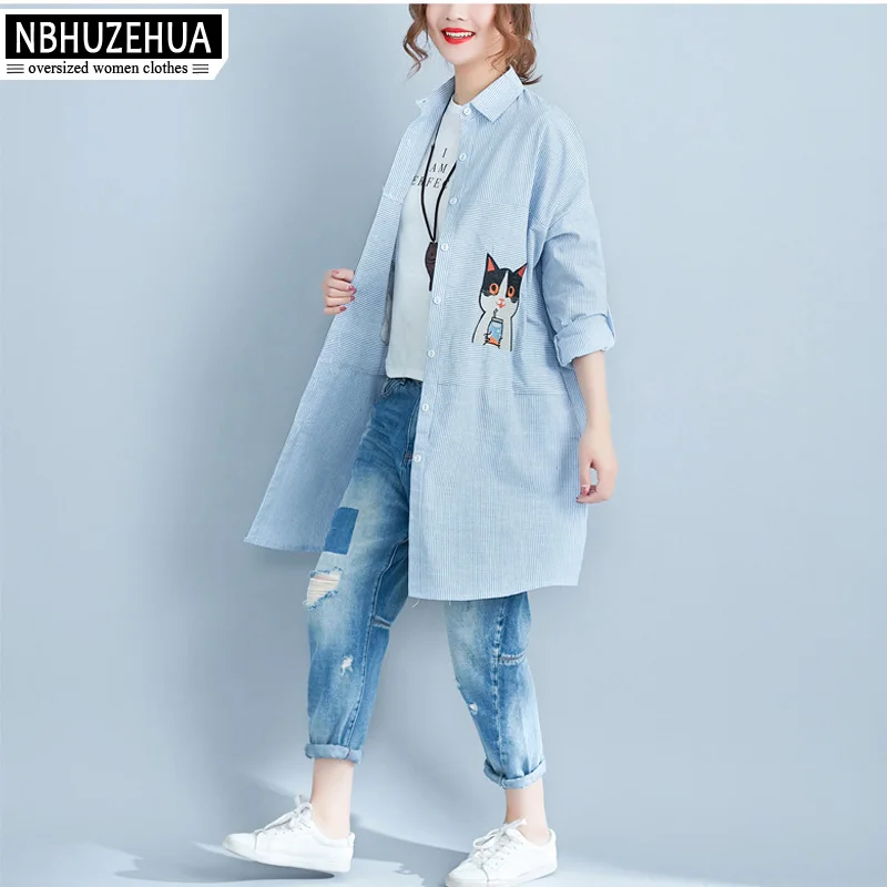 NBHUZEHUA A9 2018 весенние милые женские рубашки с вышивкой кота Большие размеры Длинные