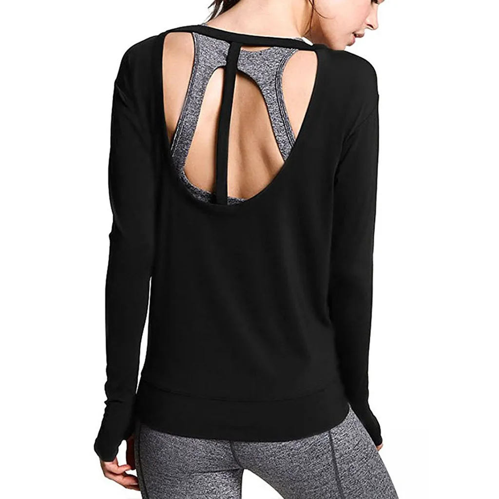 Women Backless open back Running Gym Stretchy Top Solid Color Long Sleeve Shirt Blouse Female Blusas Spring Autumn | Женская одежда