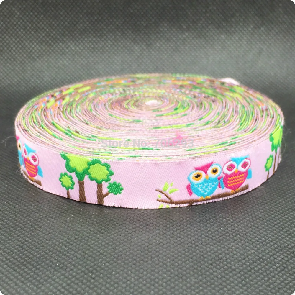 Женская плетеная жаккардовая лента с совой пара в дереве розовая 5/8 дюйма 16 мм 10