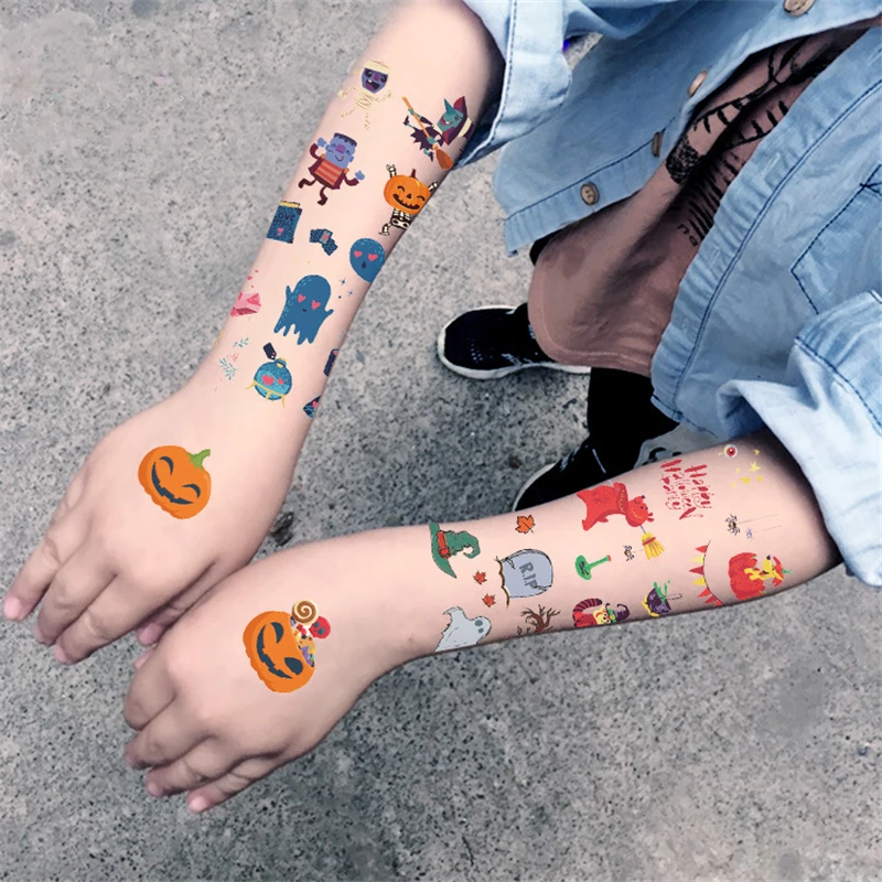 

Witch/Bat/Death/Pumpkin Cartoon Temporary Tattoos Cute Halloween Tattoo Sticker Women Body Finger Art Waterproof Tatoo for Kids