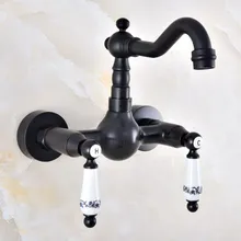 Black Oil Rubbed Bronze Wall Mounted Bathroom Kitchen Sink Faucet Swivel Spout Mixer Tap Dual Ceramics Handles Levers anf859