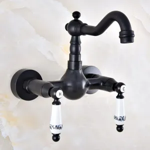 black oil rubbed bronze wall mounted bathroom kitchen sink faucet swivel spout mixer tap dual ceramics handles levers anf859 free global shipping