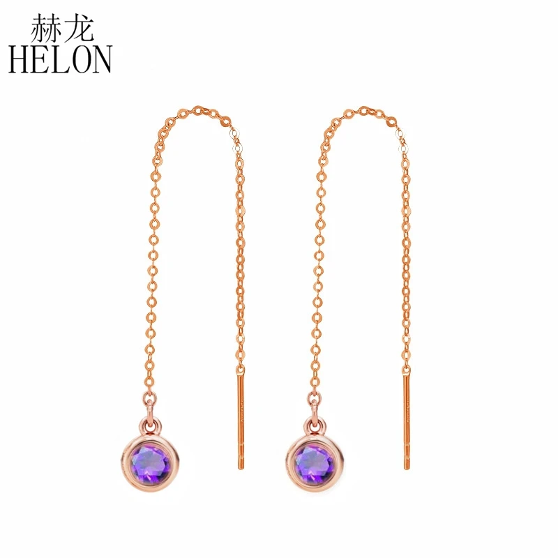 HELON Solid 18 k розовое золото 3 мм круглые подлинные Аметистовые Серьги-цепочки обручальные свадебные модные ювелирные изделия для женщин Рождественский подарок