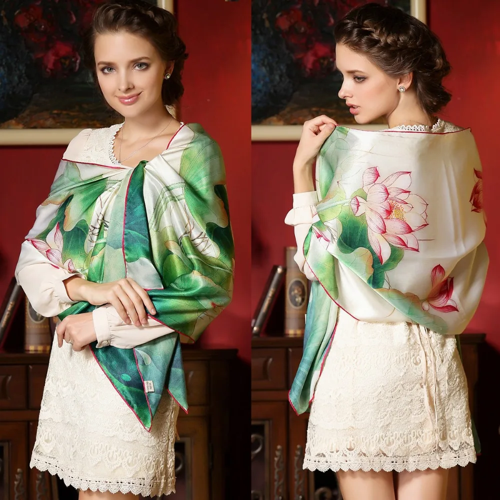 Женский Длинный шарф из 100% шелка зеленый с принтом лотоса 178*52 см для зимы и осени |