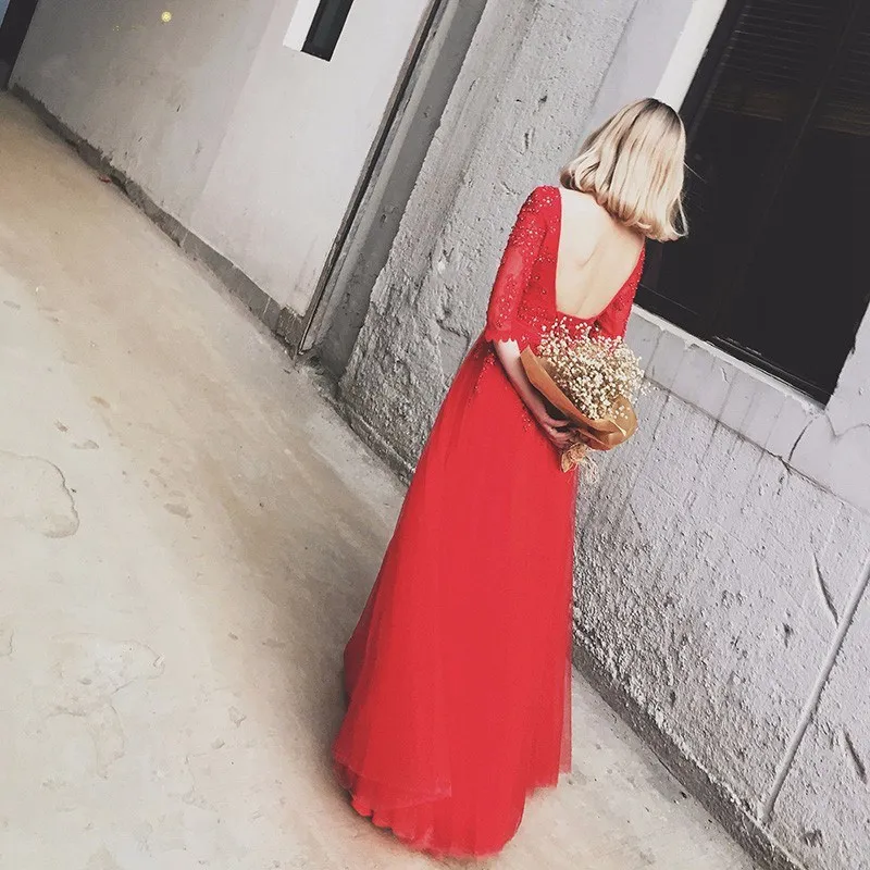Red Prom Dresses Vestidos de festa appliques Scoop Lace up A Line Tulle Sexy Backless evening Gown Robe soiree P068 | Свадьбы и
