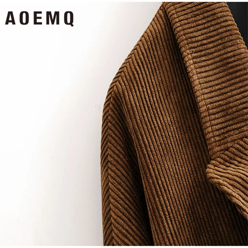 AOEMQ мода сплошной цвет дикий двубортный вельвет в длинный абзац большой карман