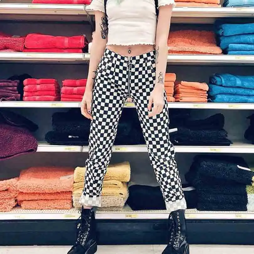 Брюки женские клетчатые в стиле Харадзюку длинные спортивные штаны прямые брюки