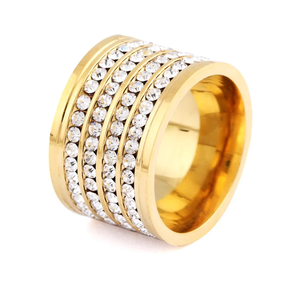 

Monla shining full 4 Row Crystal rhinestone Gold Stainless Steel Couple Wedding rings for men and Women