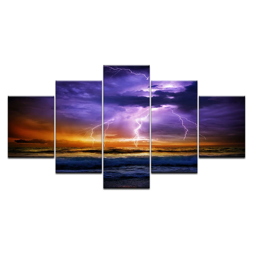 HD печать 5 шт холст темные облака Молния море океан шторм Живопись стены