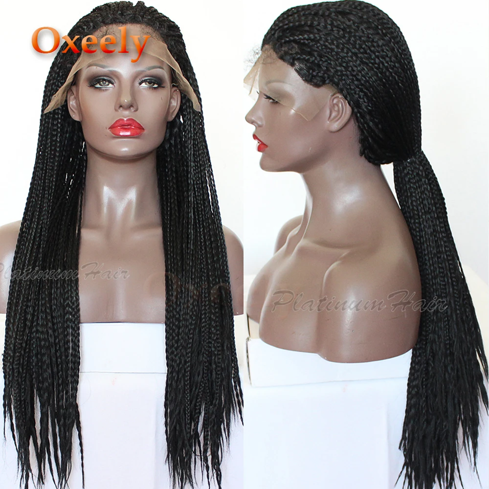 Oxeely Long Box Braids Black Color Lace Front Braid Wig Synthetic Lace Front Wig Braided Hair With Baby Hair for Black Women
