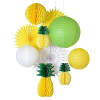 10pc yellow green white summer party decoration set honeycomb pineapple paper lantern fans luau beach tropical party backdrop