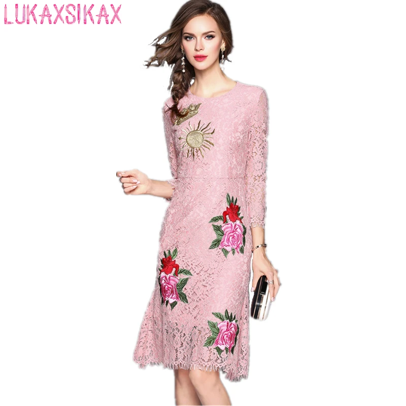 Новинка 2018 женское весенне-летнее платье высококачественное вышитое Розовое