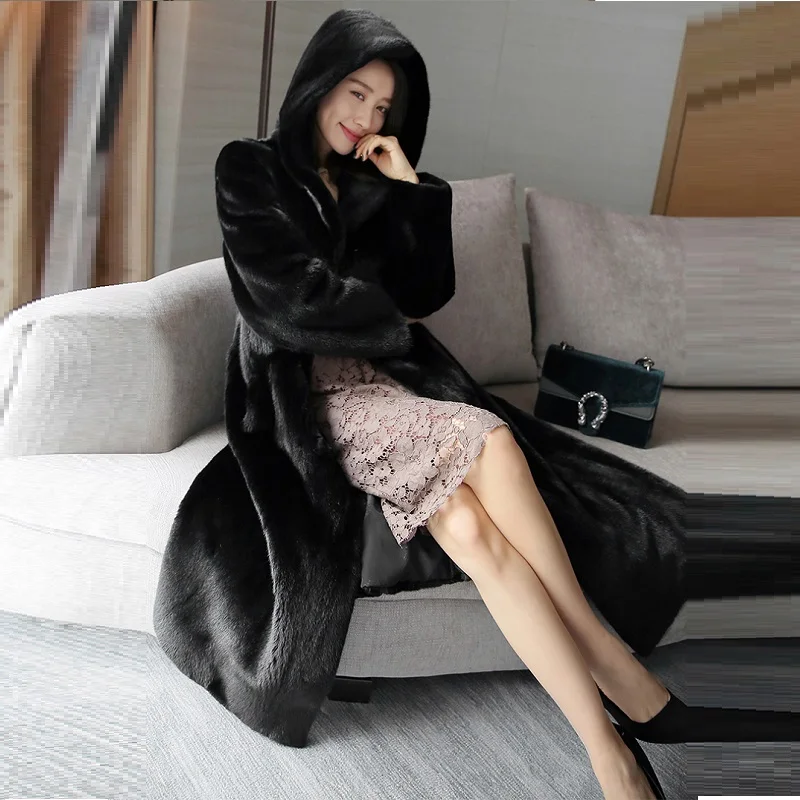 Manteau femme hiver Мода шуба имитация норки шуба аккуратная шуба женская новая длинная Шуба с капюшоном из замши шуба из искусственного меха