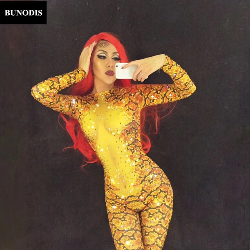 ZD003 Gold Snake 3D Printed Jumpsuit Sparkling Crystals Bodysuit Nightclub Party DJ DS Singer Stage Wear Women Sexy Costumes