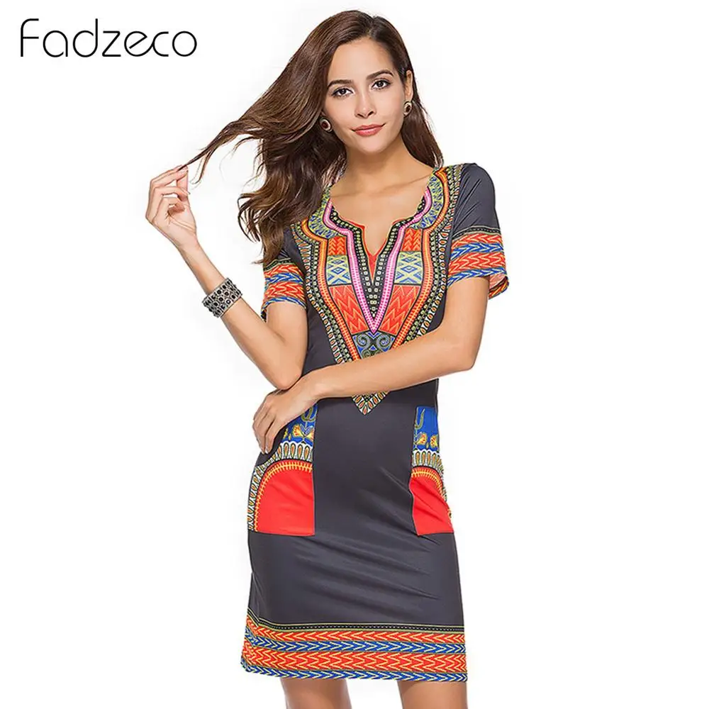 African Dresses for Women Dashiki V Neck Summer Shift Dress Vintage Printed Ethnic Style Mini Vestidos Clothes | Тематическая