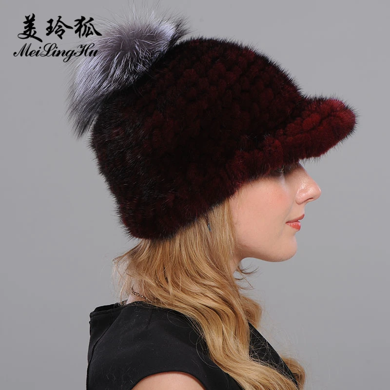 Женская шапка из натурального меха норки с козырьком Оригинальная вязаная