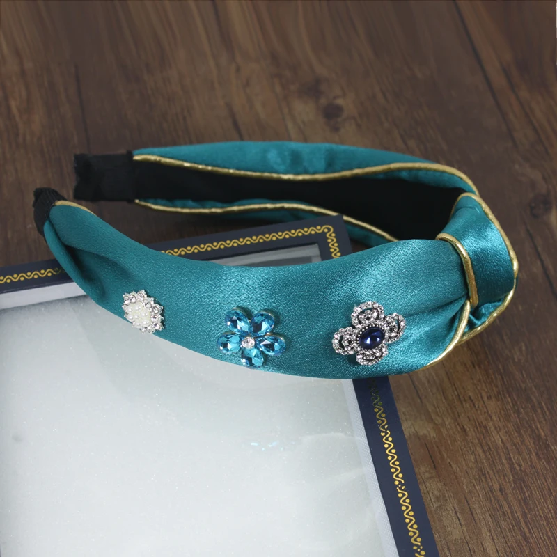 Luxury Fabric Rhinestone Flower Hair Accessories for Women Girls Flash Crystal Headbands Retro Knotted Lady Bands Headdress | Украшения и