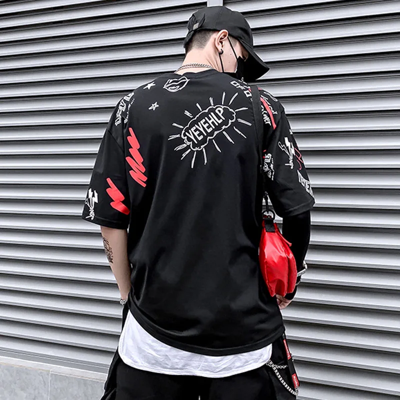 Япония стиль сплошной хлопок рисунок каракули футболка пары с короткими