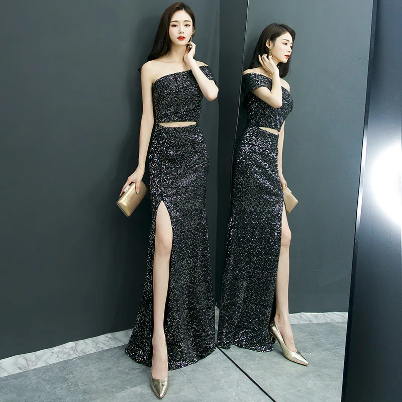 Черное сексуальное китайское платье Русалочки с высоким разрезом женское Ципао