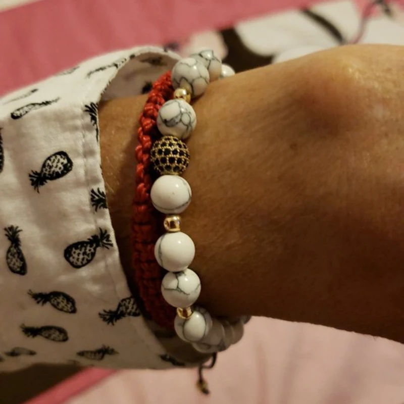 

Newest 8mm White Howlite Stone & CZ Copper Ball Braiding Macrame Bead Bracelet Adjustable Anil Arjandas Weaving Mens Bracelet