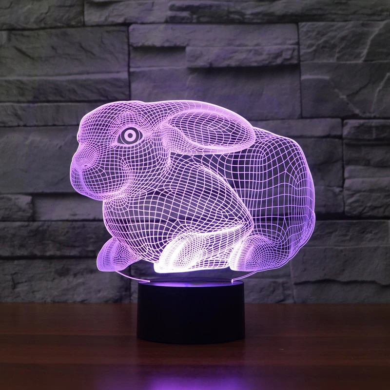 7 цветов Изменение 3D заяц животных Visual настольная лампа милый кролик Иллюзия