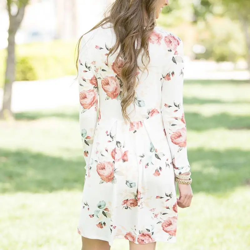 Женское платье с цветочным принтом длинным рукавом и круглым вырезом|boho dress|women