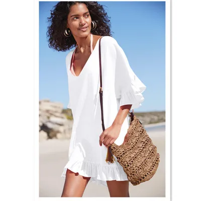 white beach dress Пляжное платье, юбка, накидка для женщин, Летняя туника с оборками, сексуальное прозрачное бикини, купальник, купальный костюм, одежда для плавания, пляжная одежда - Цвет: white beach dress