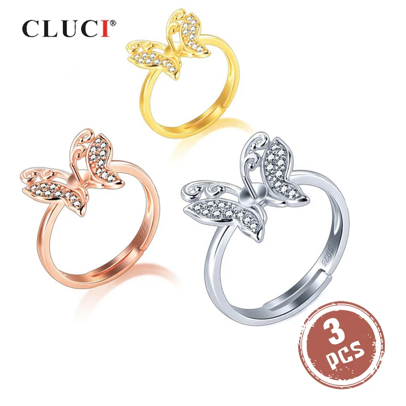 

CLUCI 3pcs 925 Sterling Silver Women Pearl Ring Mounting Adjustable Zircon Ring Jewelry Silver 925 Butterfly Rings SR2218SB