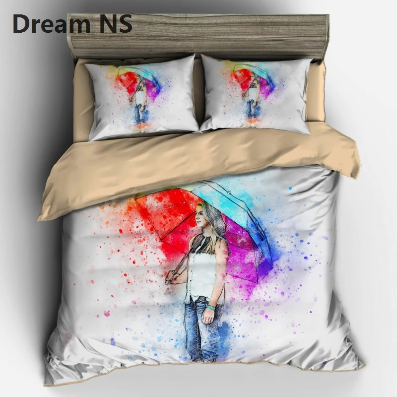 Dream NS Colorful Beard Set Chic Design Bedspreads Modern Art - Girls In The Rain Painting Duvet Cover US EUR AU Size | Дом и сад