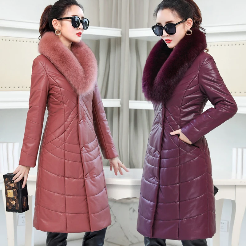 Зимние пуховики для женщин 2018 Высококачественная кожаная куртка пальто плотный