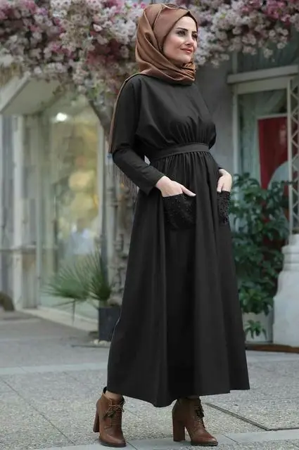 Черный Abayas женская мусульманская одежда модные платья с поясом и бусинами Макси мусульманское платье Дубай Кафтан цзилбаб Дубай, Турция халат Рамадан D979 - Цвет: Черный