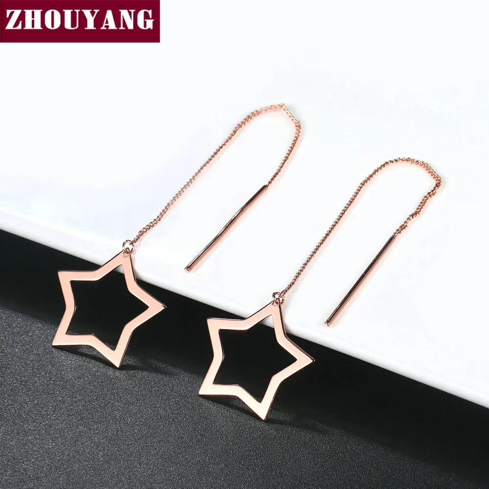 Серьги-подвески ZHOUYANG для женщин, простой стиль, длинная звезда, цвет розового золота, рождественский подарок, модные ювелирные изделия, E765, E761