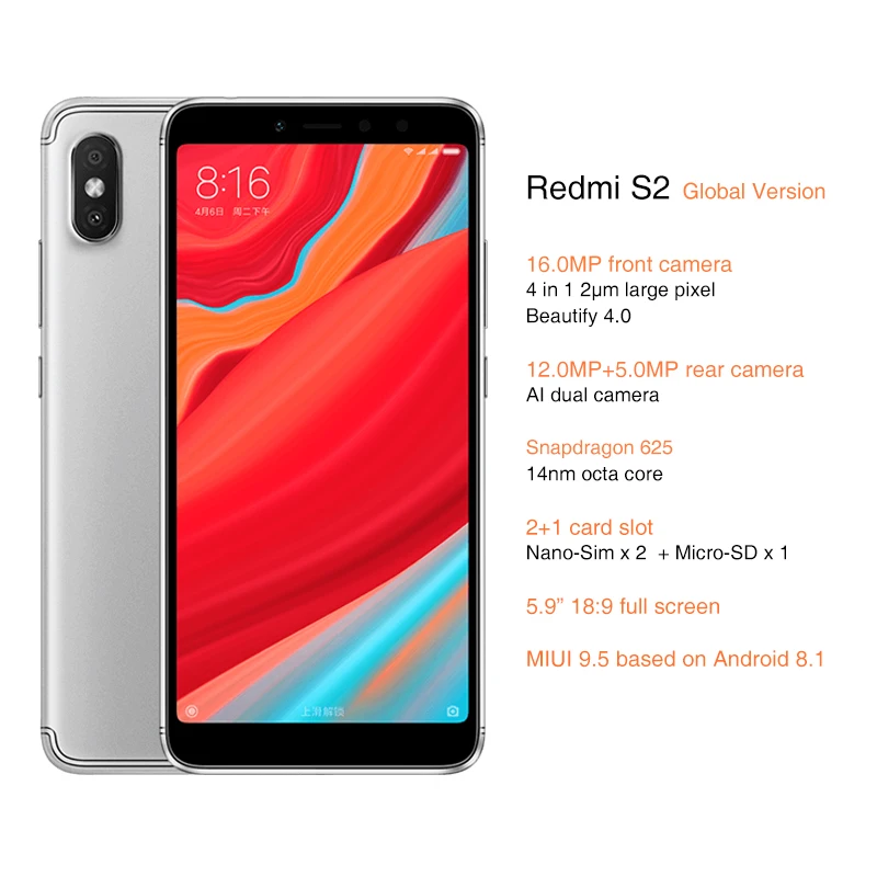 Глобальная версия Xiaomi Redmi S2 3 ГБ 32 Snapdragon 625 5 99 &quot18:9 полный Экран двойной Камера 12MP +