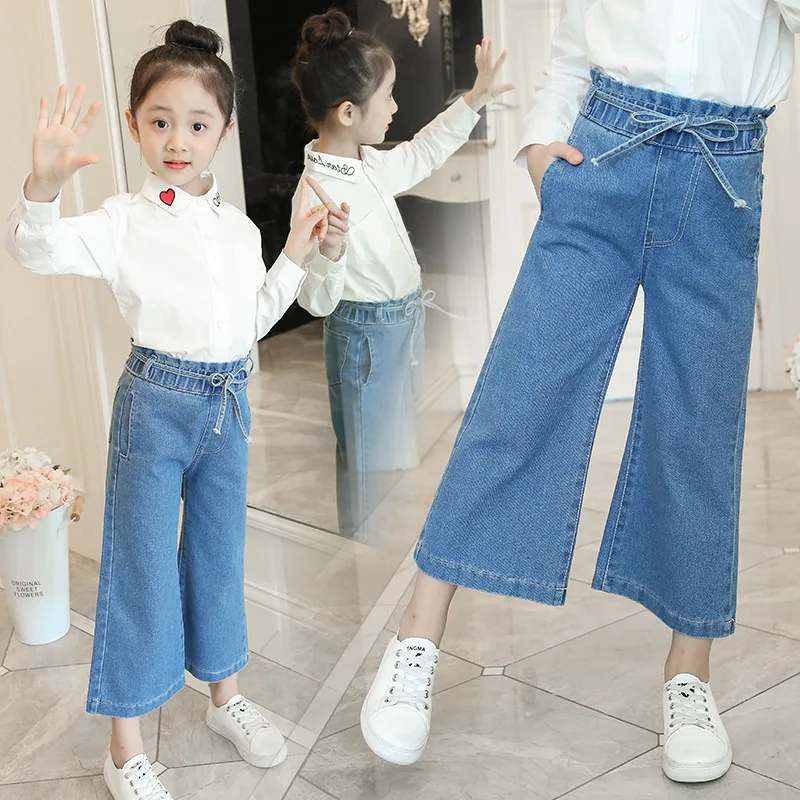 

2019 spring children's clothing girls wide-leg jeans children's denim pants big children loose pants Hole girls jeans 10 years