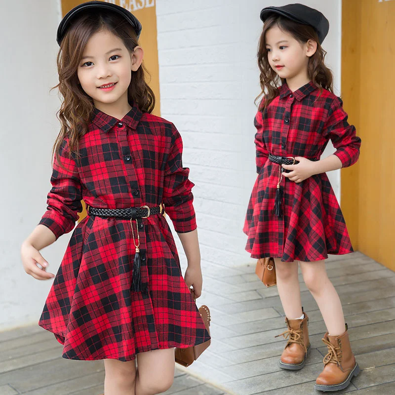 2019 baby girls plaid dress Red Plain Princess Party Long Sleeve Dress Waistband Clothes Toddler Girl England Robe | Детская одежда и