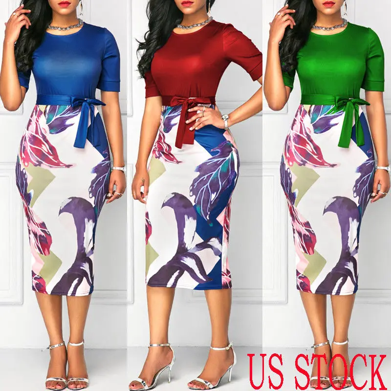 Новейшие женские OL цветочные с коротким рукавом деловая Bodycon Карандаш вечерние Клубные платья леди патч миди платье