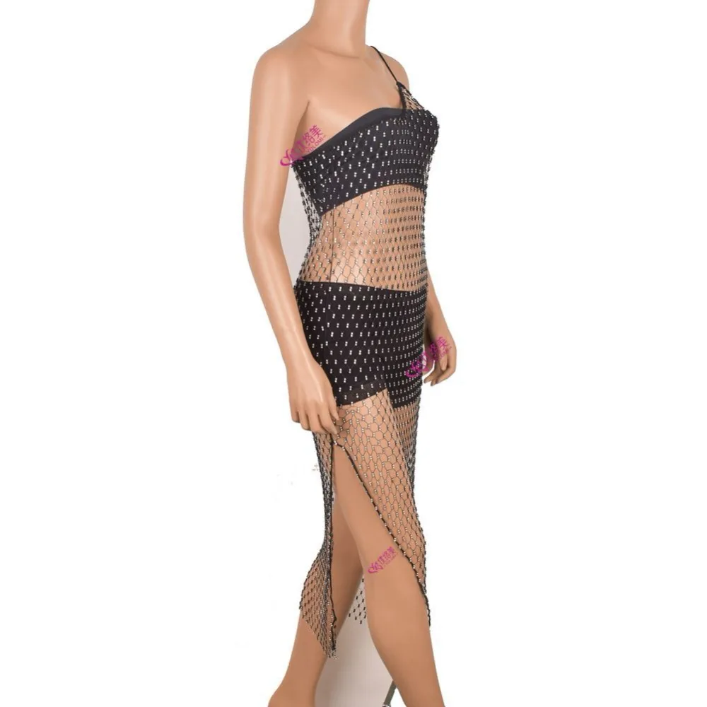 YOLOMI женские макси платья плюс размеры черная сетка Стразы Bodycon платье без рукавов