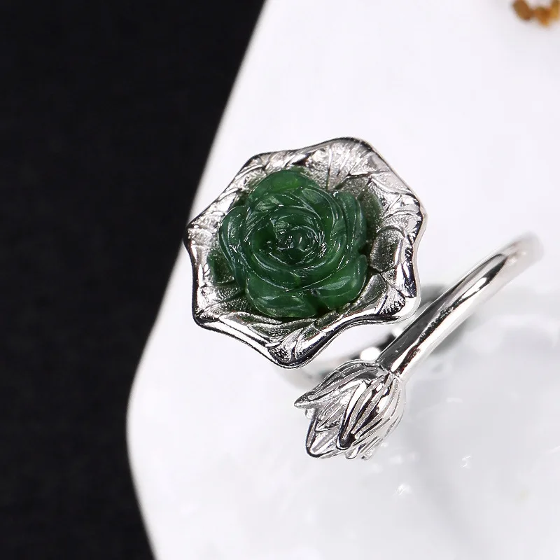 

Anel Feminino Real 2018 New S925 Pure Inlay Hetian Lotus Cloisonne Restoring Ancient Ways Ms Wholesale High-grade Opening Ring