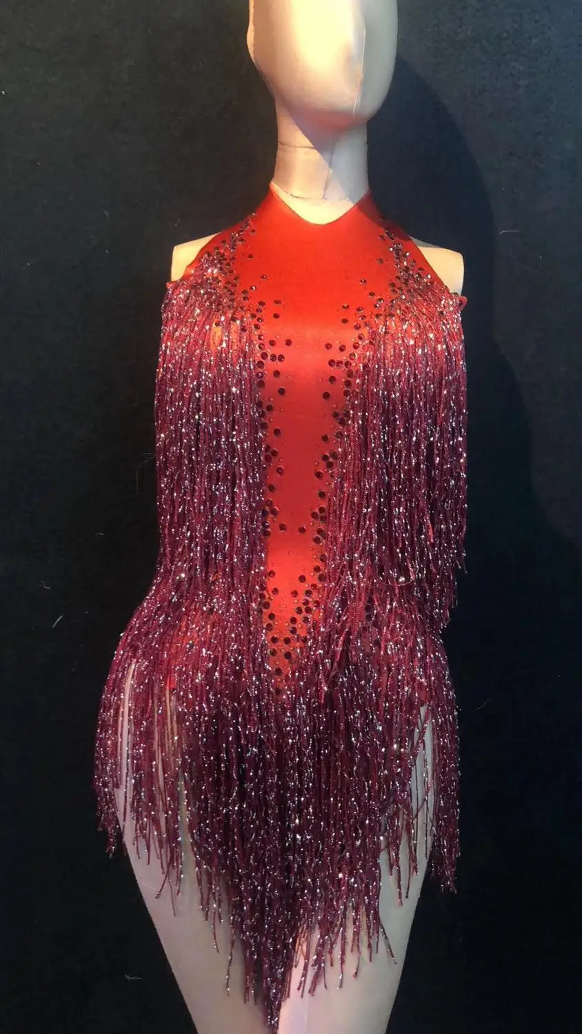 Sparkly Gold Tassel Bodysuit Rhinestones Outfit Glisten Beads Costume One-piece Dance Wear Singer Stage Leotard Headdress