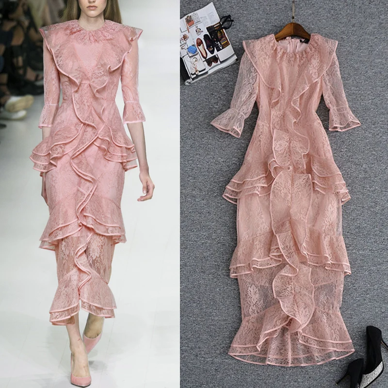 Женское кружевное платье с оборками однотонное облегающее привлекательное